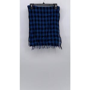 UNBRANDED Blue-Black Checkered Fringe Knit Scarf